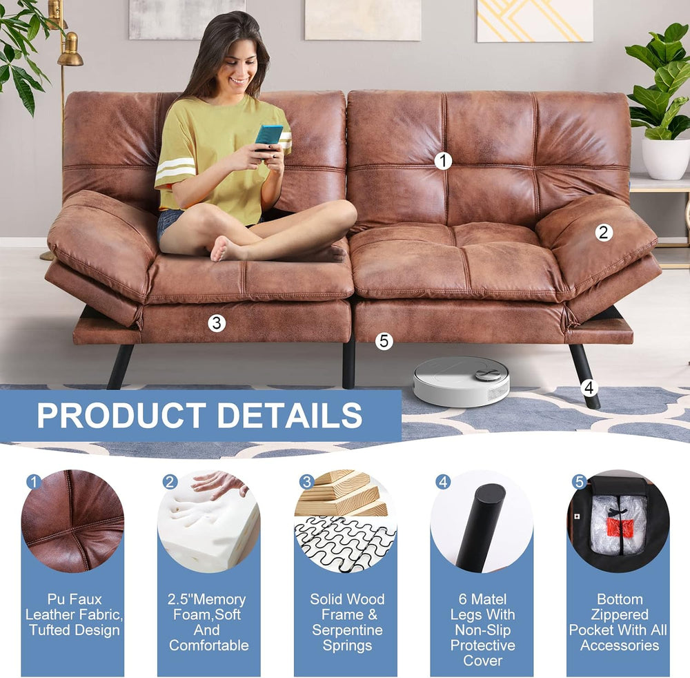 MUUEGM Futon Sofa Bed Faux Leather Memory Foam Couch Futon Sets,Convertible S...