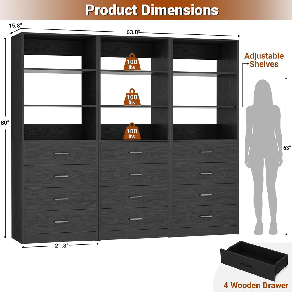 Aheaplus Closet Drawers Organizer System, 5.3FT Wood Closet System Set of 3