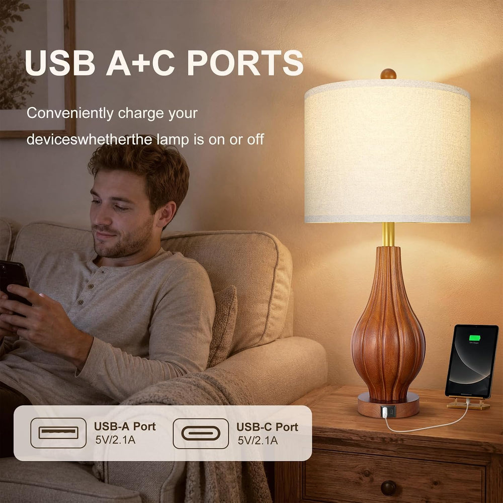 Scenekoy 26.5" Solid Wood Table Lamp Set of 2, USB A+C, 3-Way Dimmable Lamp