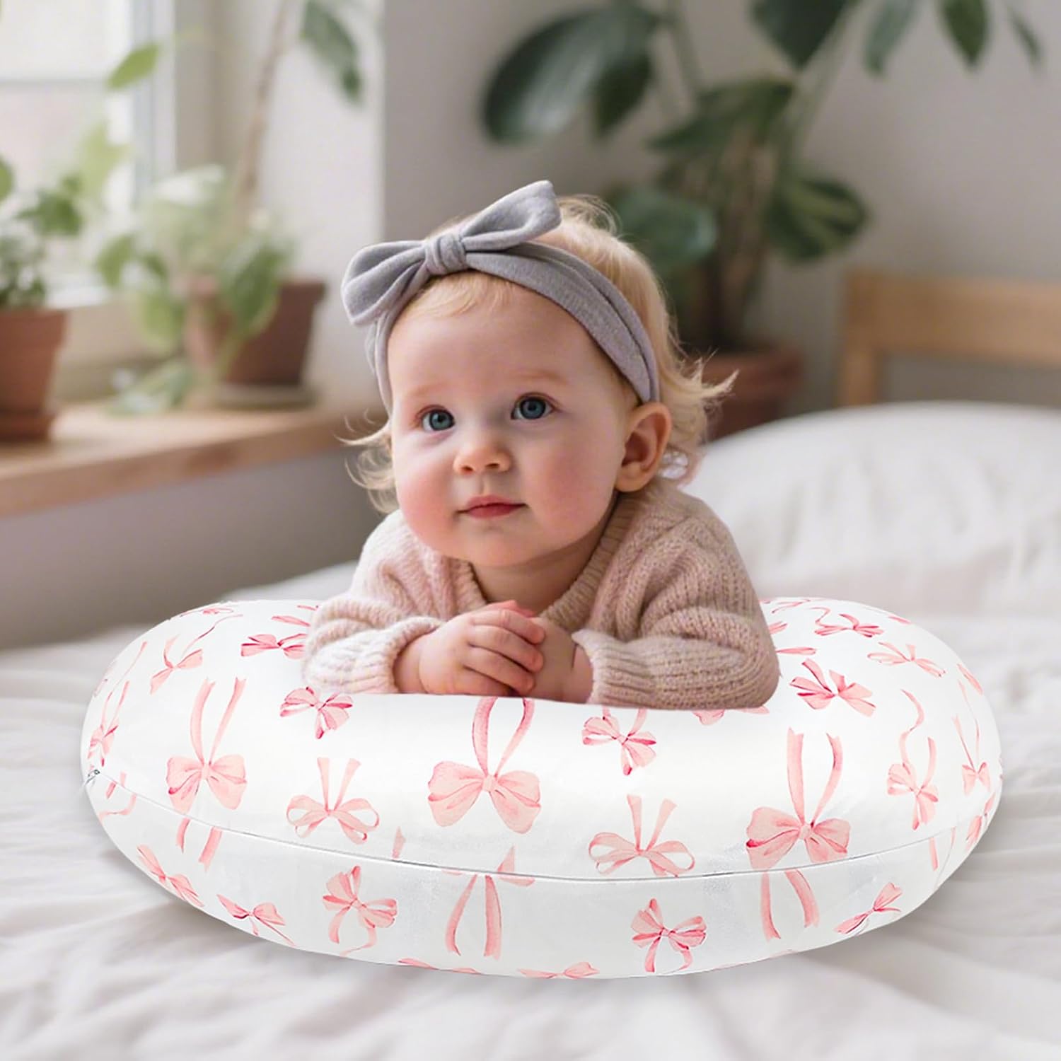 Nursing Pillow Cover, Removable Nursing Covers for Breastfeeding Pillows, Stretchy and Soft Fit for Baby Girls Boys Newborn, Pink Bow(Only Cover)