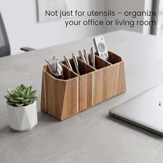 Large Kitchen Utensil Holder for Countertop – Acacia Wood Utensil Organizer - Image 5