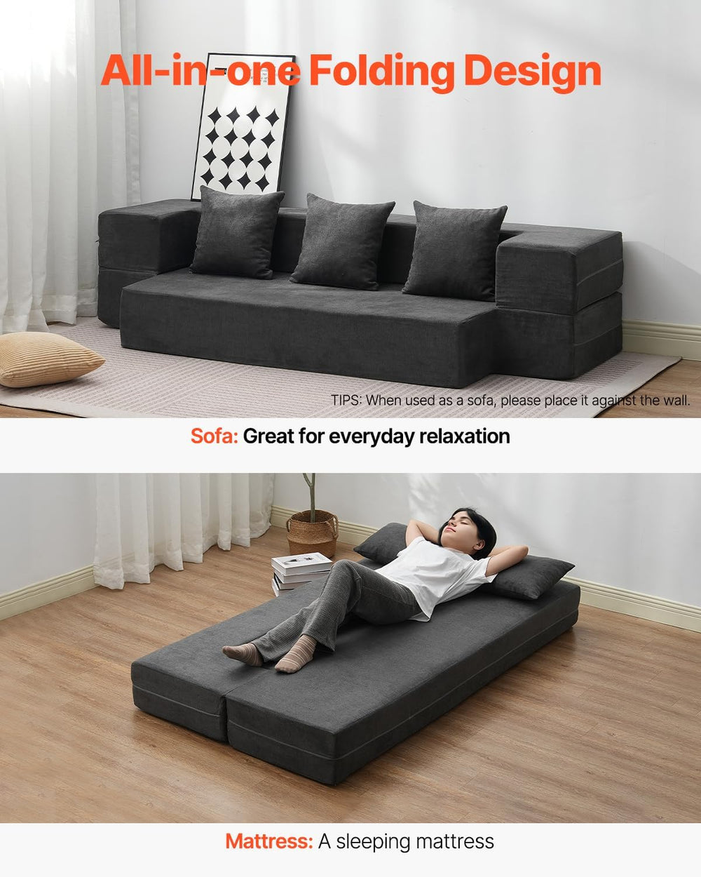 VEVOR Folding Sofa Bed, 3-in-1 Foldable Couch Bed with 3 Pillows and Washable...