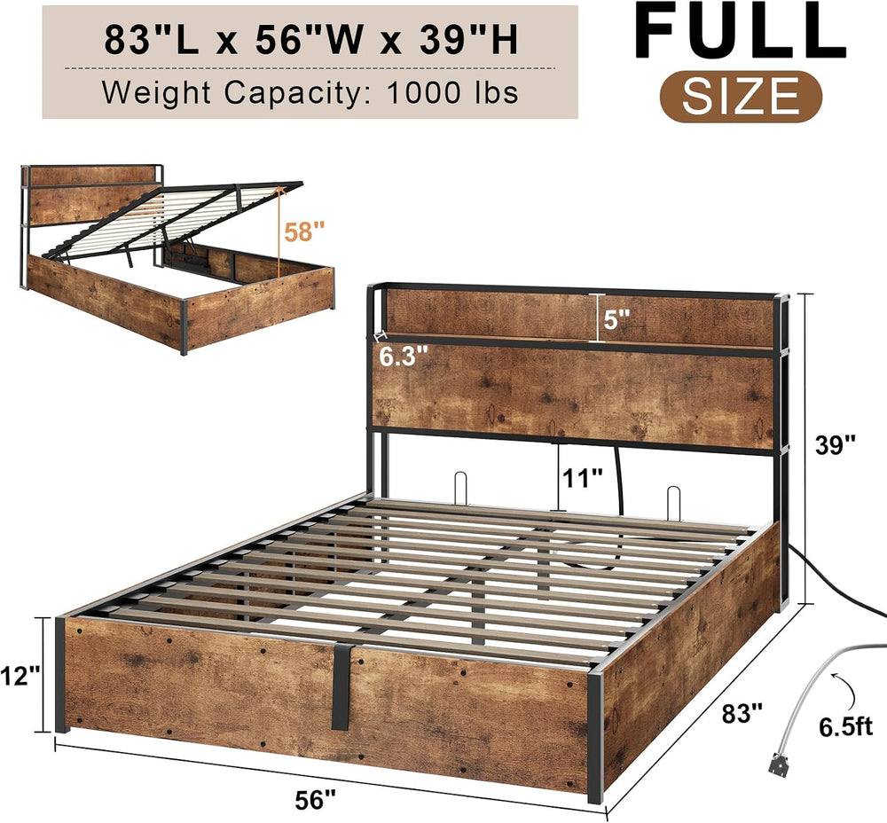 AMERLIFE Full Size Lift Up Storage Bed Frame with Charging Station