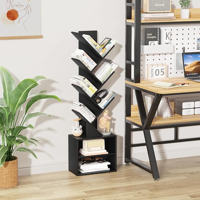 10 Tier Tree Bookshelf,Floor Standing Wood Tall Bookcase for Narrow Space, St...