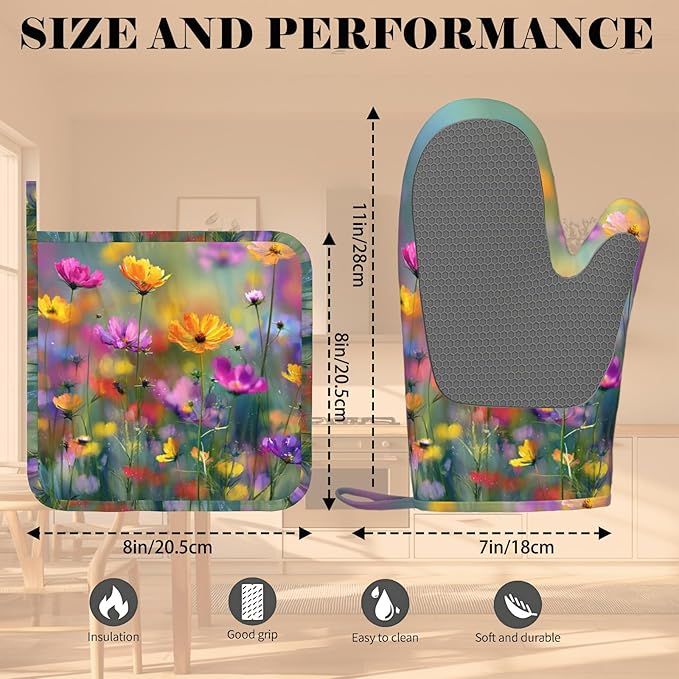Retro Colorful Flowers Oven Mitts and Pot Holders Sets Boho Floral Non-Slip - Image 3