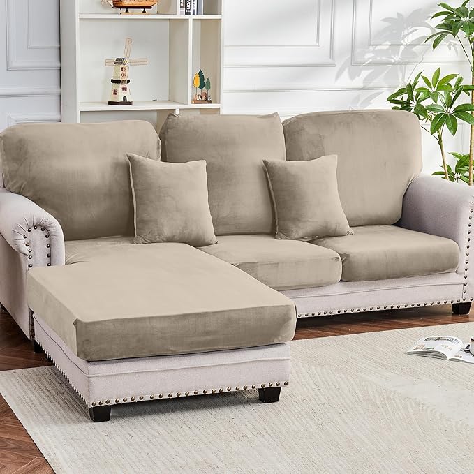 Couch Cover 6-Piece Elastic Velvet Couch Cushion Covers & Chaise Slipcovers by Taque