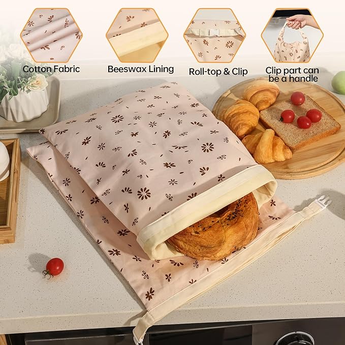 Tirphy 3 Pack Reusable Bread Bags and Bowl Cover Set, Beeswax Bread Bags - Image 5