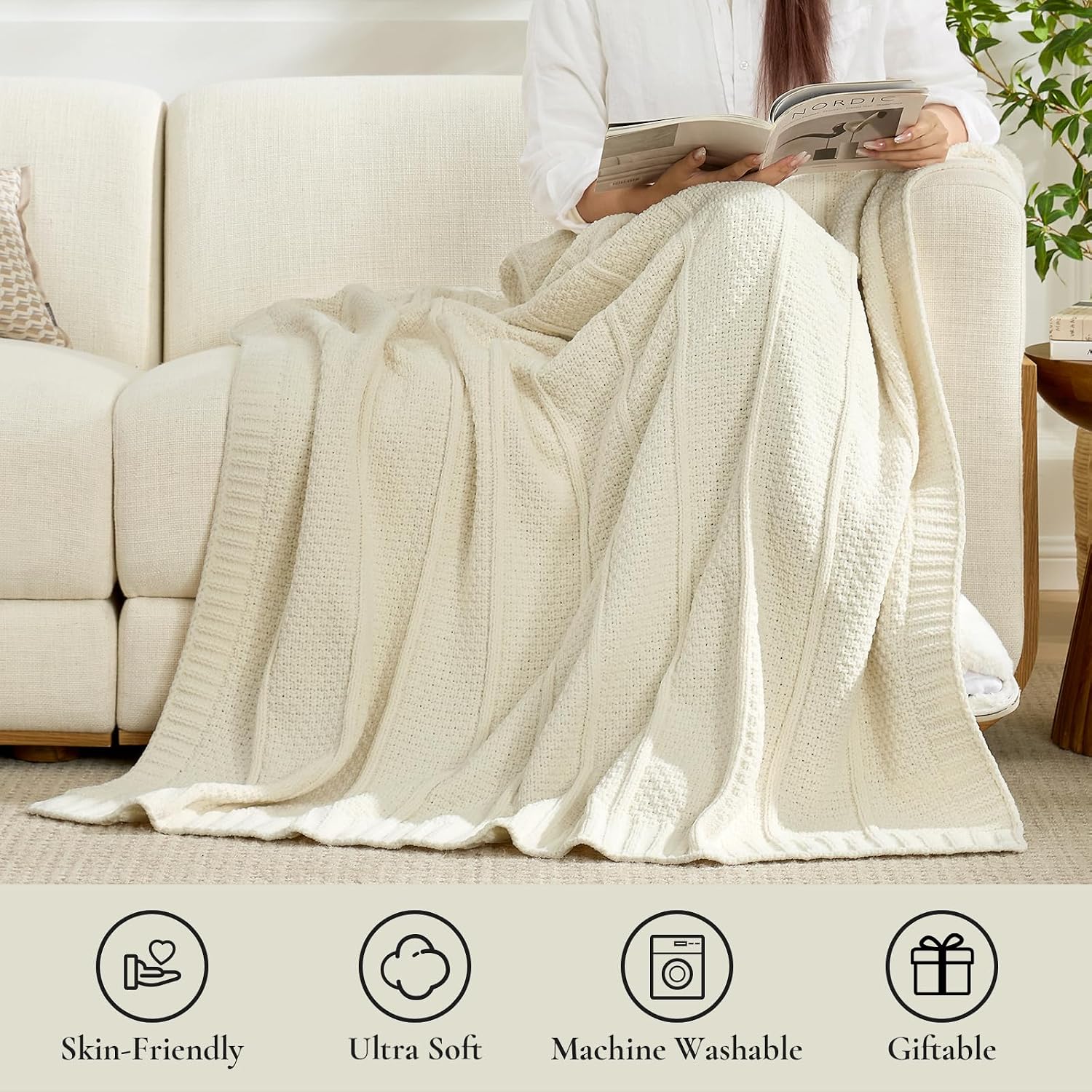 Premium Chenille Throw Blanket, Soft Cozy Moss Stitch Knit Blanket for Couch, Sofa, Chair, Home Decor, Cream White 50"x60"