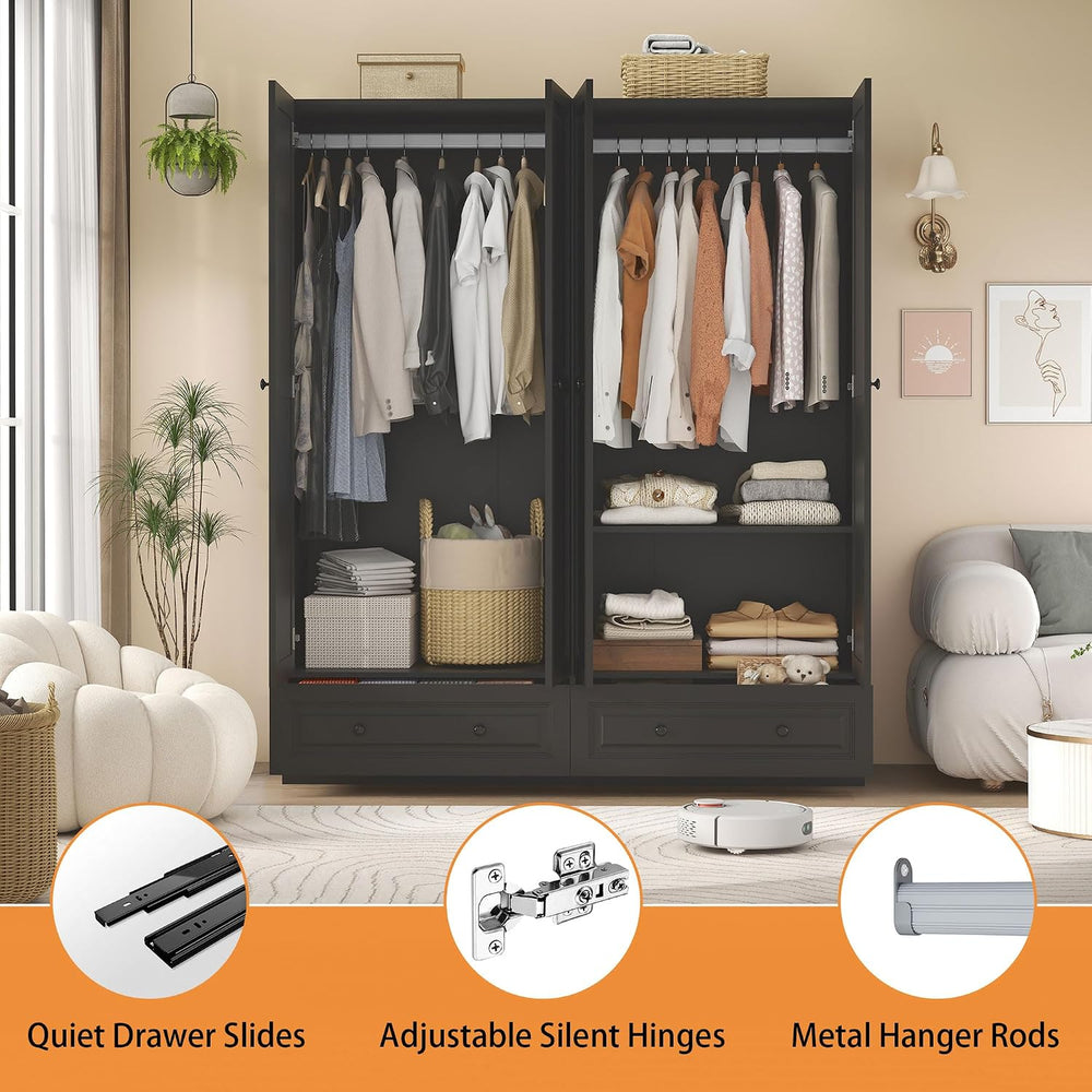 Black Armoire Wardrobe Closet with 2 Drawers, 74" Tall X 63" Wide