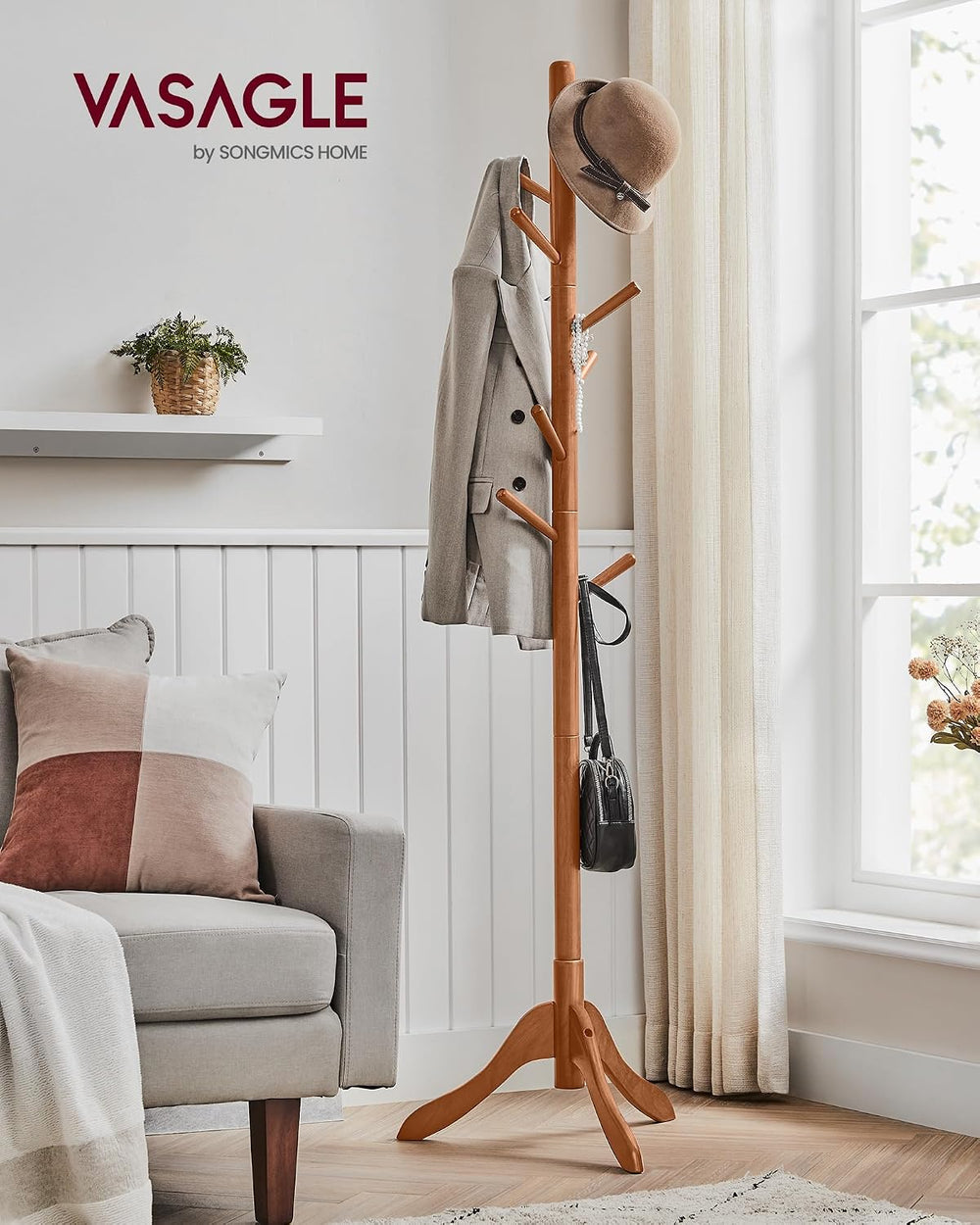 VASAGLE Solid Wood Coat Rack, Free Standing Tree-Shaped Coat Rack with 8 Hook...