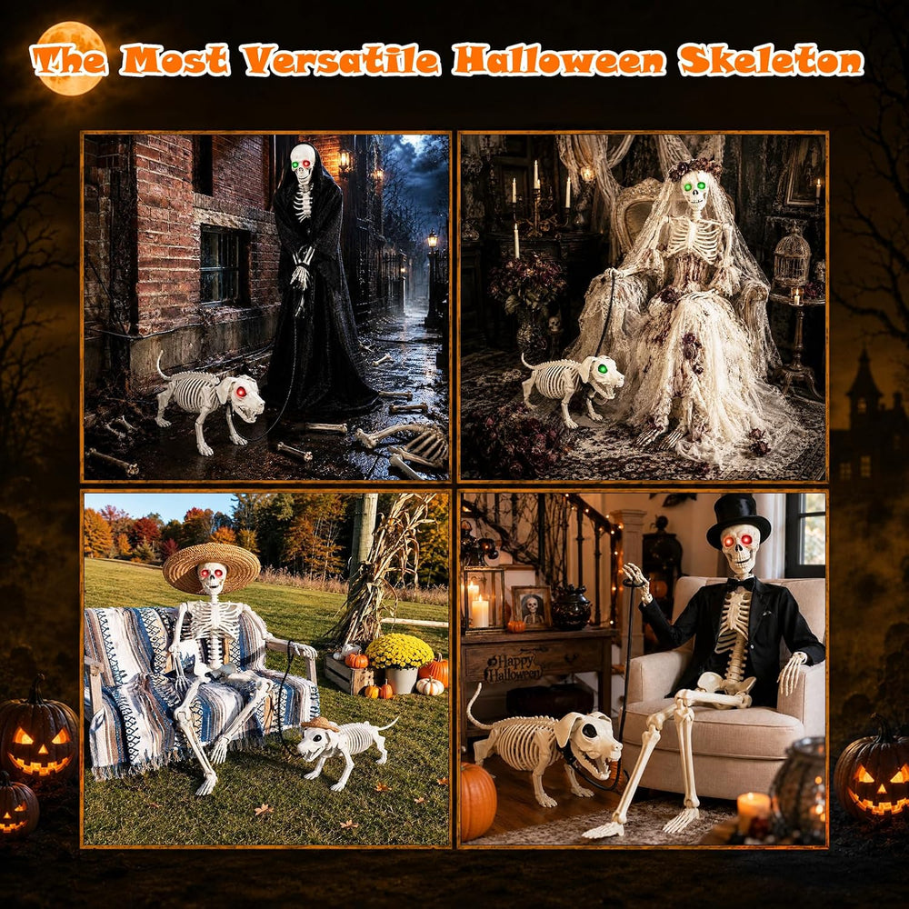 36'' Halloween Skeleton Decoration with Dog: Posable Skeleton Glowing...