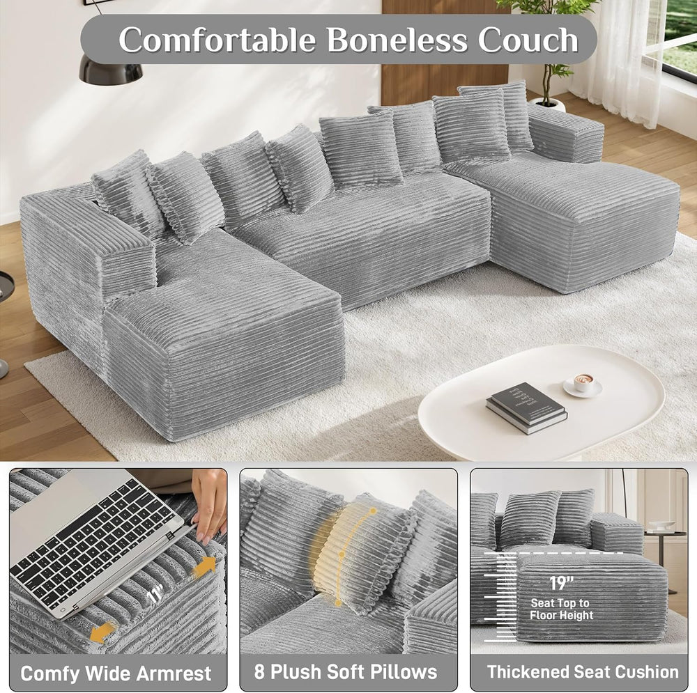 ONEMMLION 131" Oversized Cloud Boneless Couch Sofa with Chaise, Grey