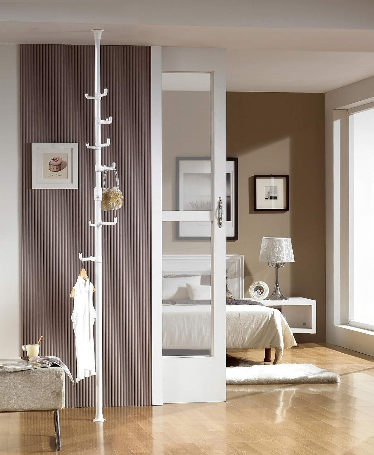 PRINCE HANGER Vertical One-Touch Pole Coat Rack — 6 Independent Rotating Hooks (White)