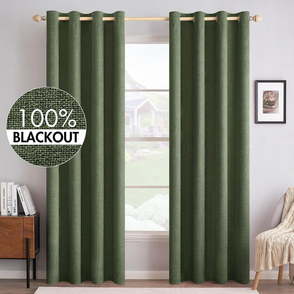 MIULEE 100% Blackout Linen Curtains for Bedroom 52x84 Inches Olive Green