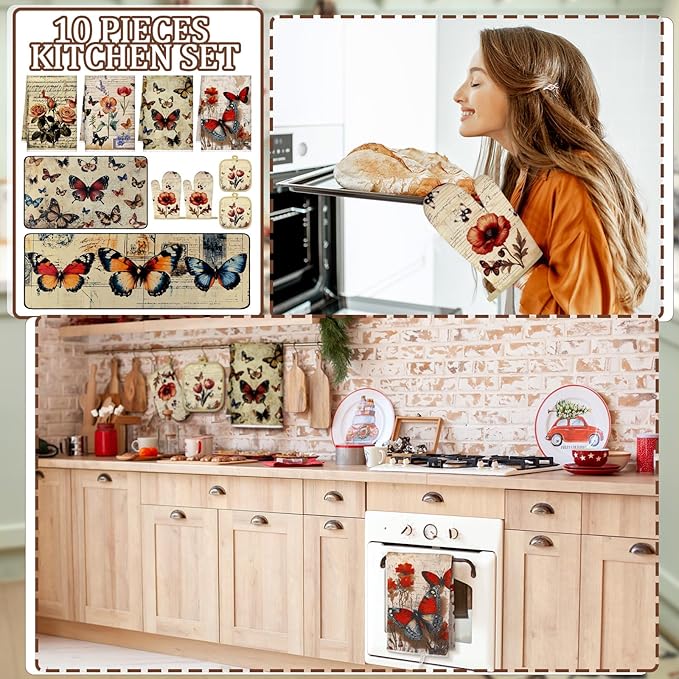 Fourluoo 10 Pcs Butterfly Kitchen Dish Towels Rugs Oven Mitts and Pot Holders - Image 2