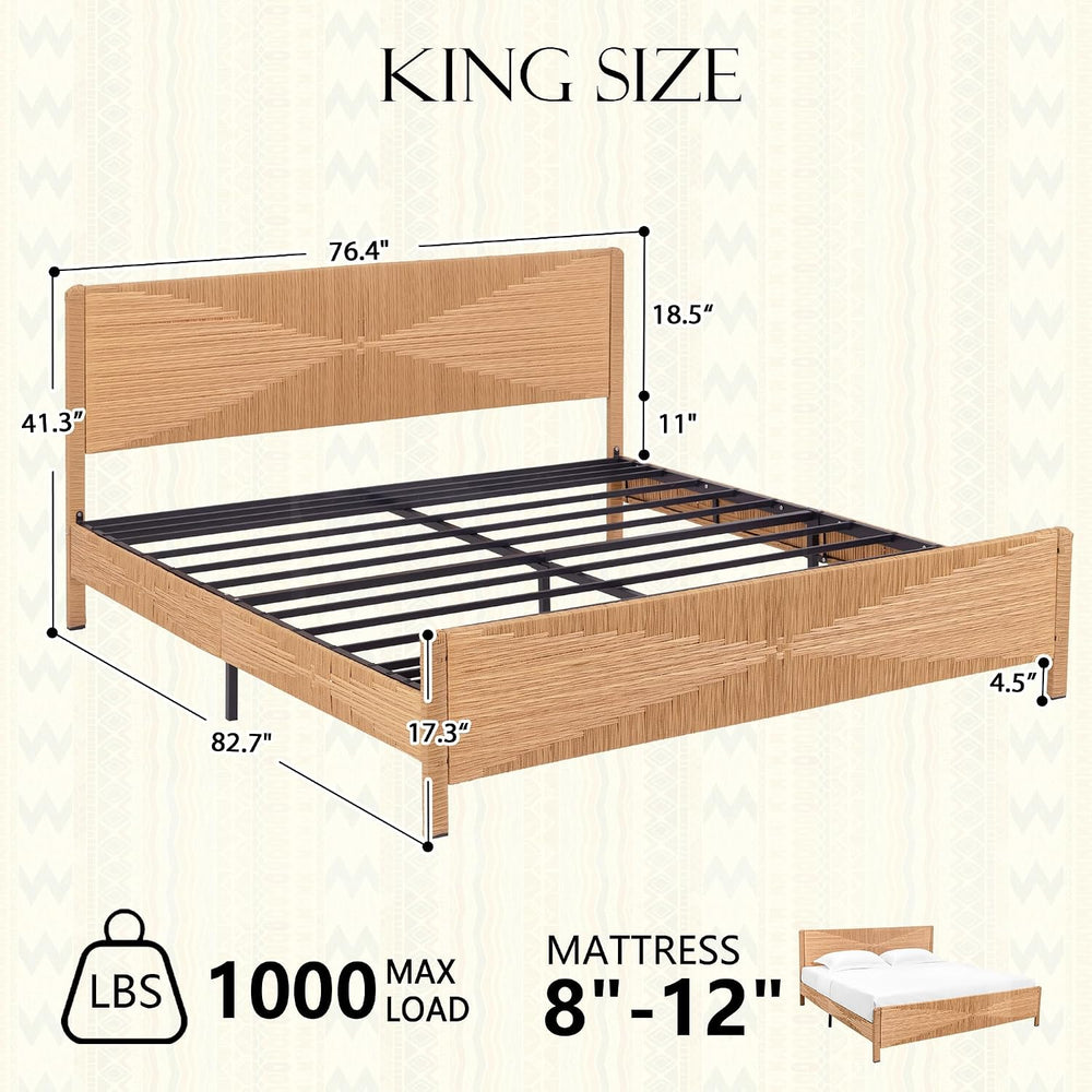 Hand-Woven PE Rattan King Bed Frame with Headboard and Footboard, Boho Mid Ce...