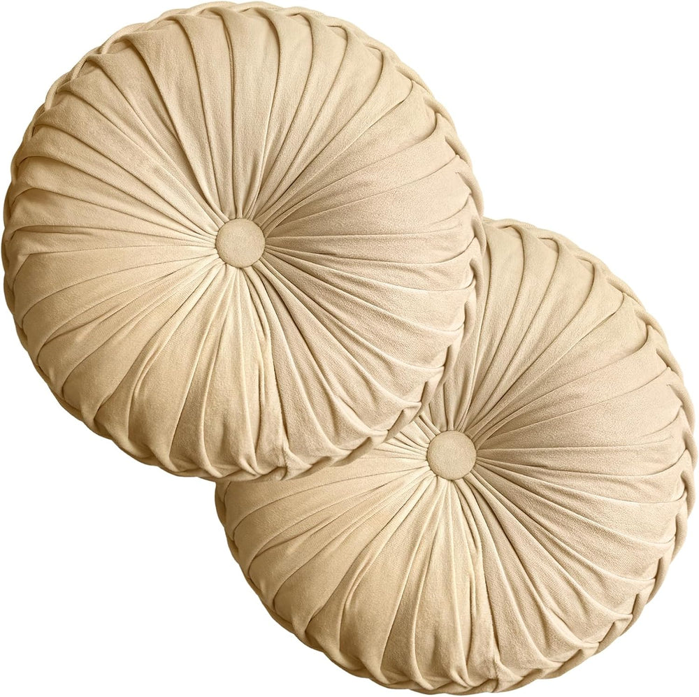 Teieas 2 Pcs Round Throw Pillows Decorative Velvet Pleated Bed Pillows