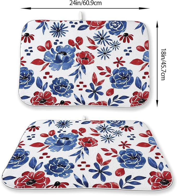 Red Blue Floral Dish Drying Mat 18x24 Inch Vintage 4th of July Drying Mat - Image 4