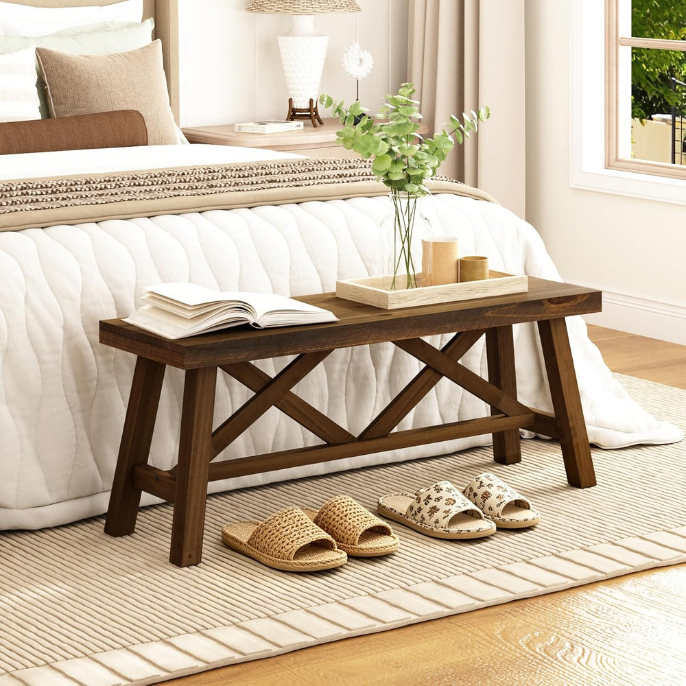 Wnutrees 43" Farmhouse Solid Wood Bench, Rustic Entryway Bench, Natural