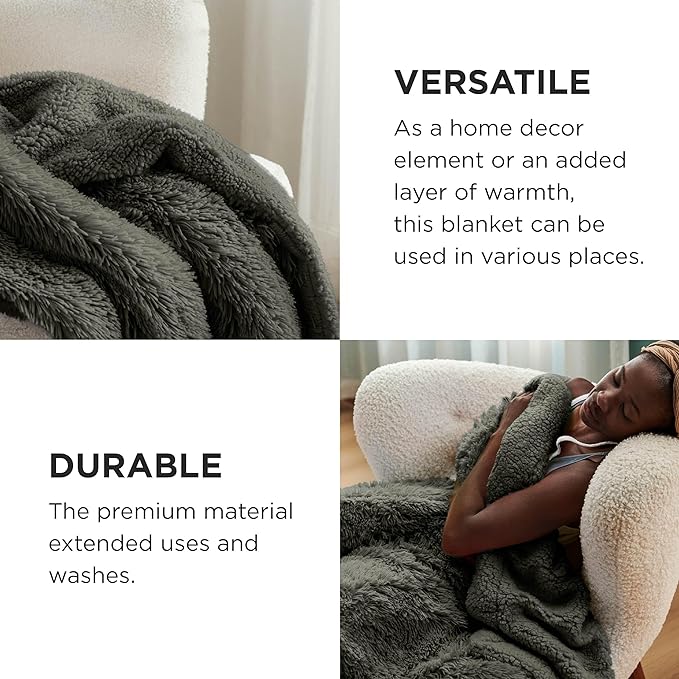 Bedsure GentleSoft Fuzzy Sherpa Faux Fur Twin Blanket Olive Green Cozy Gifts - Image 4