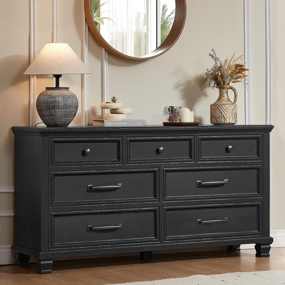 SAVOR LIFE Farmhouse 7 Drawer Dresser for Bedroom, Black