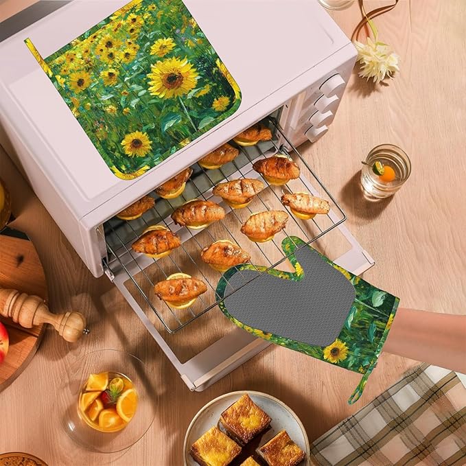 Vintage Sunflower Oven Mitts and Pot Holders Sets Flower Oil Painting Silicone - Image 5