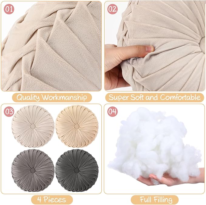 Kathfly Set of 4 Decorative Round Pleated Throw Pillows, Classy Velvet Pumpkin - Image 3