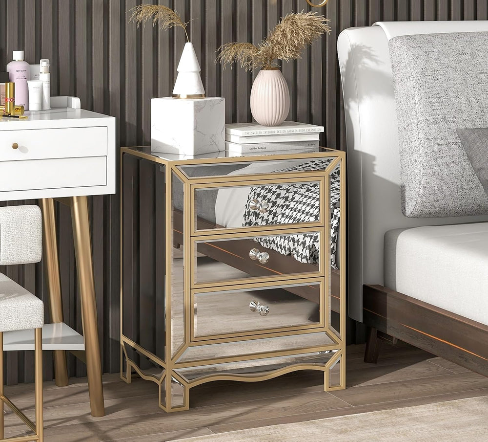 Elegant Mirrored Nightstand Gold Edge Silver End Table with 3 Drawers, Mirror...