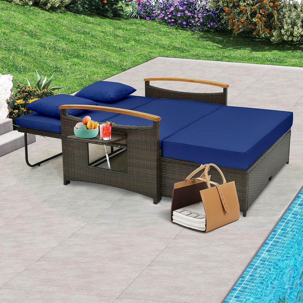 Tangkula Patio Rattan Daybed, Outdoor Wicker Loveseat, Mix Brown & Navy