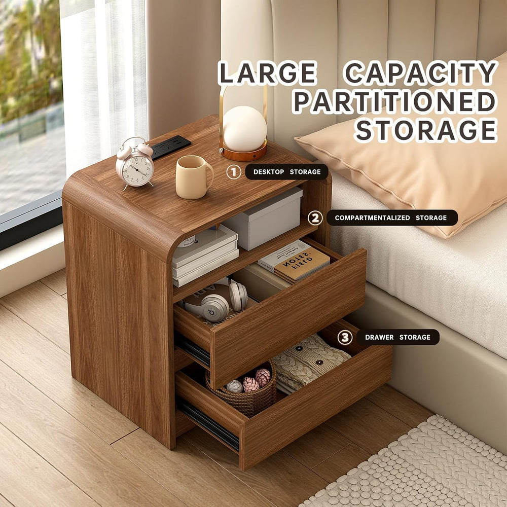 Messenya Modern Nightstand, 23.6-Inch Wide with Charging Station & Curved...