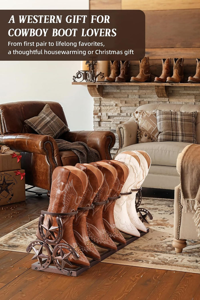 Western Horseshoe Boot Rack, 3 Pairs Freestanding Metal Boot Stand, Bronze | Adjustable Cowboy Boot Organizer with Texas Star Ends for Entryway Bedroom Living Room Decor, Gift for Cowboy Boot Lovers
