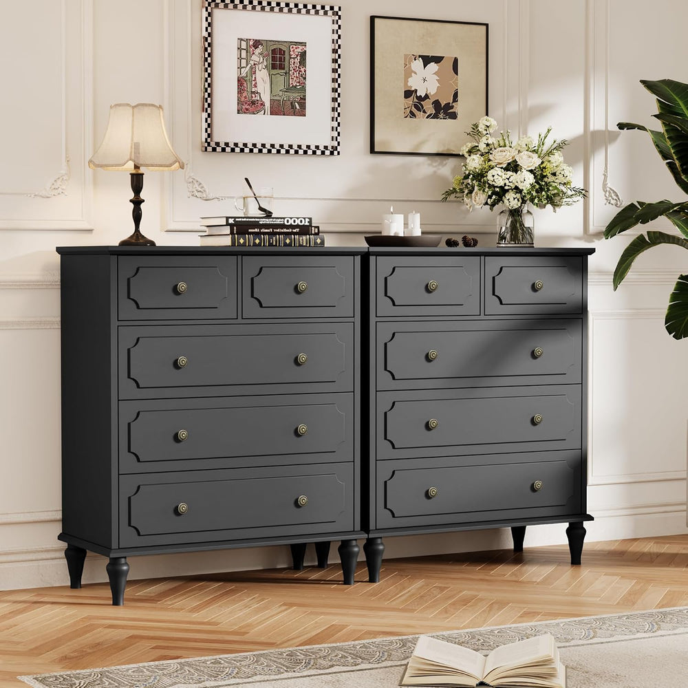 Black Dresser with 5 Drawers, Vintage Tall Dresser for Bedroom