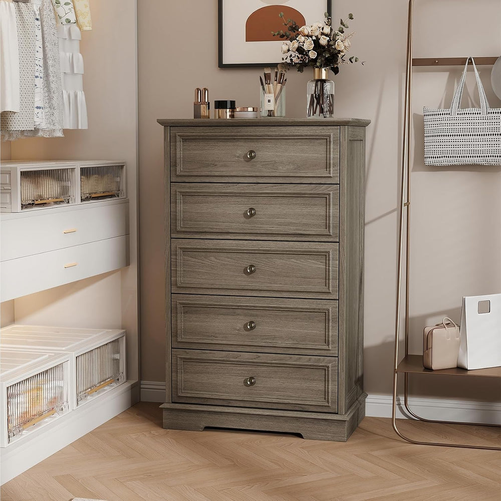 Gray Dresser for Bedroom, 44" Tall 5 Drawer Dresser, Wooden Chest of Dra...