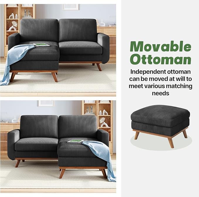 Vesgantti 68" Loveseat Sofa with Movable Ottoman, Comfy Corduroy Couch w...