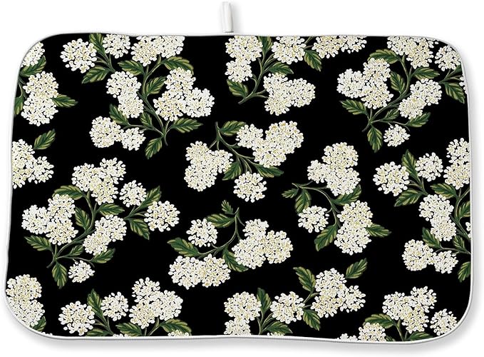 Black Dish Drying Mat 18x24 Inch Green Vintage Floral Hydrangea Flower Drying by DAFENA