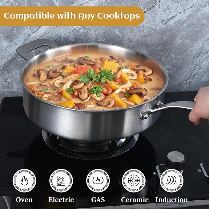 LOLYKITCH Sauté Pan, 6QT Tri-Ply Stainless Steel Deep Cooking Pan, 12 Inch - Image 4