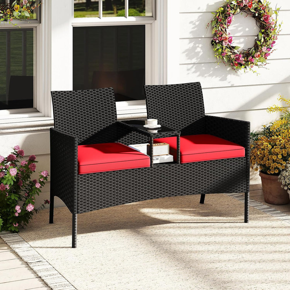 Tangkula Patio Loveseat with Built-in Table, Wicker 2-Seat Furniture with Sof...