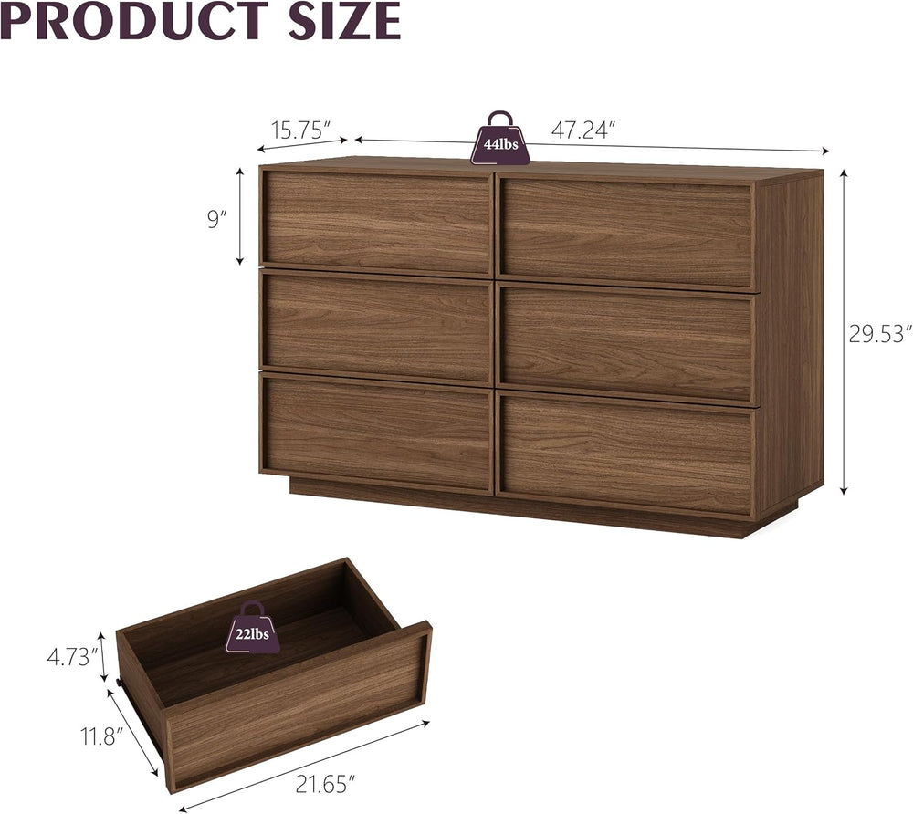 6-Drawer Dresser for Bedroom, 47.2" Wide, Wooden, Light Walnut
