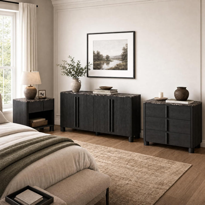 Caldera Collection 3-Piece Furniture Set, Faux Marble & Wood Storage Set with Nightstand, 3 Drawer Accent Cabinet and 4 Door Sideboard Buffet Cabinet, Curved Design with Rounded Body, Black Grey