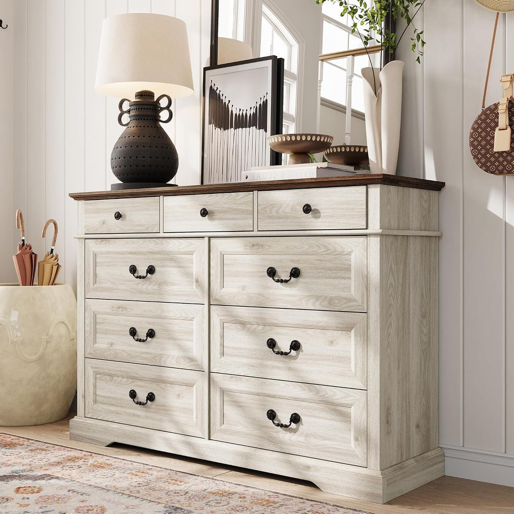 LINSY HOME Farmhouse 9-Drawer Dresser, Beige, for Bedroom