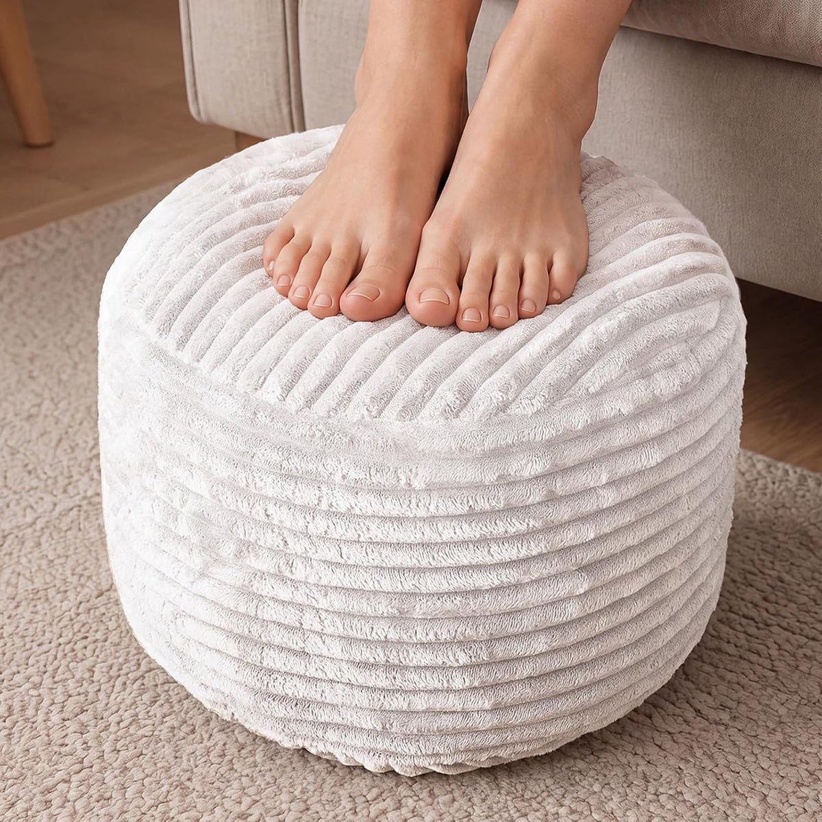 round pouf ottoman,corduroy foot rest,beige,18x14 in, main product view