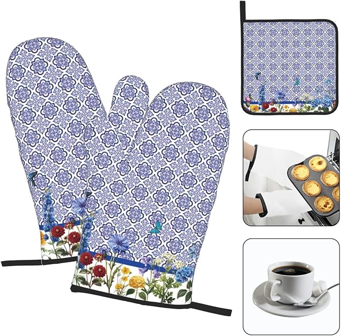 Blue Chinoiserie Oven Mitts Heat Resistant, Cute Floral Pot Holders and Kitchen - Image 3