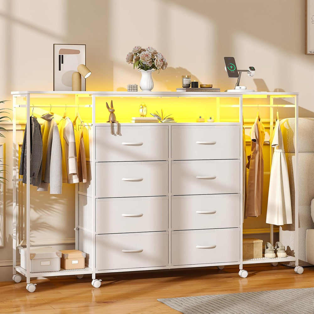 59.1" W Dresser for Bedroom with Hanging Rack, 8 Drawer Dresser with LED...
