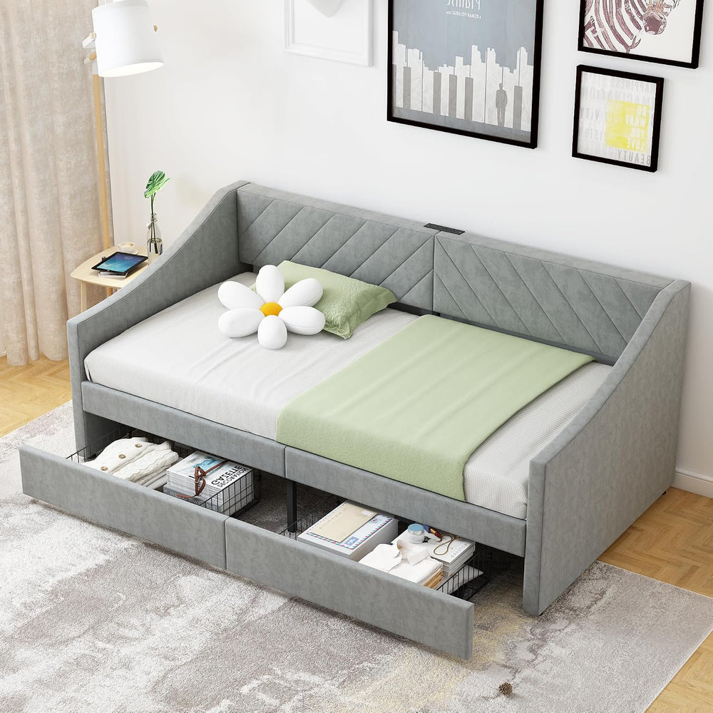 Twin Daybed with Upholstered Headboard and Charging Station, Daybed with Trun...