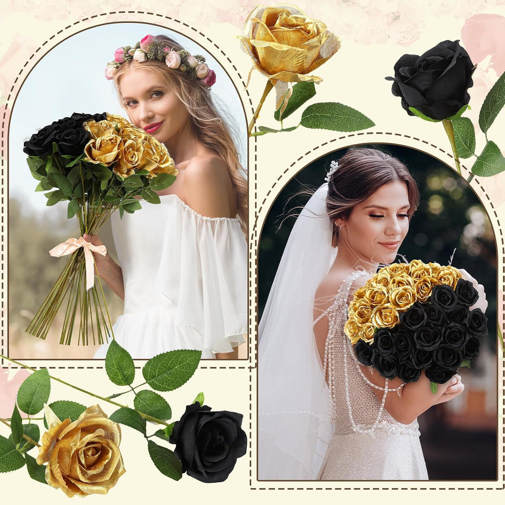 36 Pcs Silk Black Gold Rose Bouquet Bridal Artificial Flowers