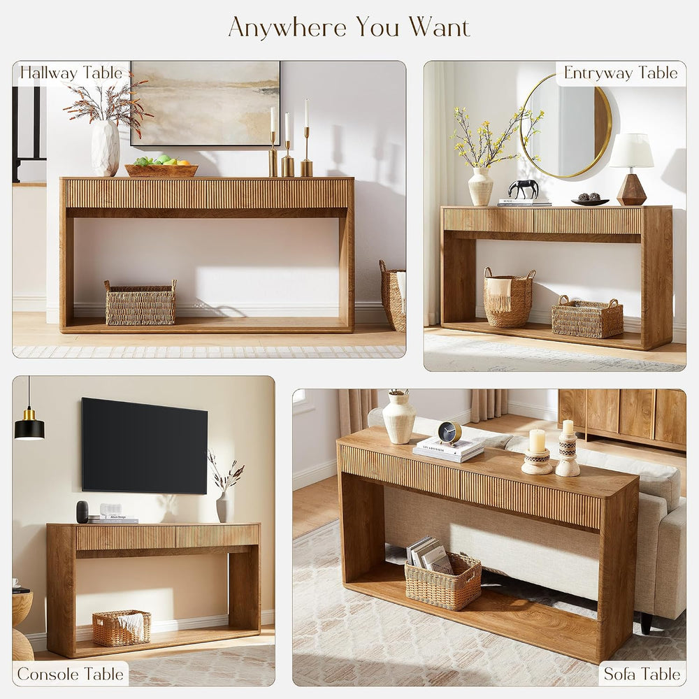 OKD 63" Fluted Console Table for Entryway with 2 Drawers, Light Knotty O...