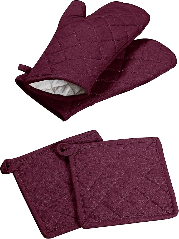 Oven Mitt & Pot Holder 100% Cotton Set of Heat Resistant Oven Gloves & Hot Pads by SoftopiaCotton
