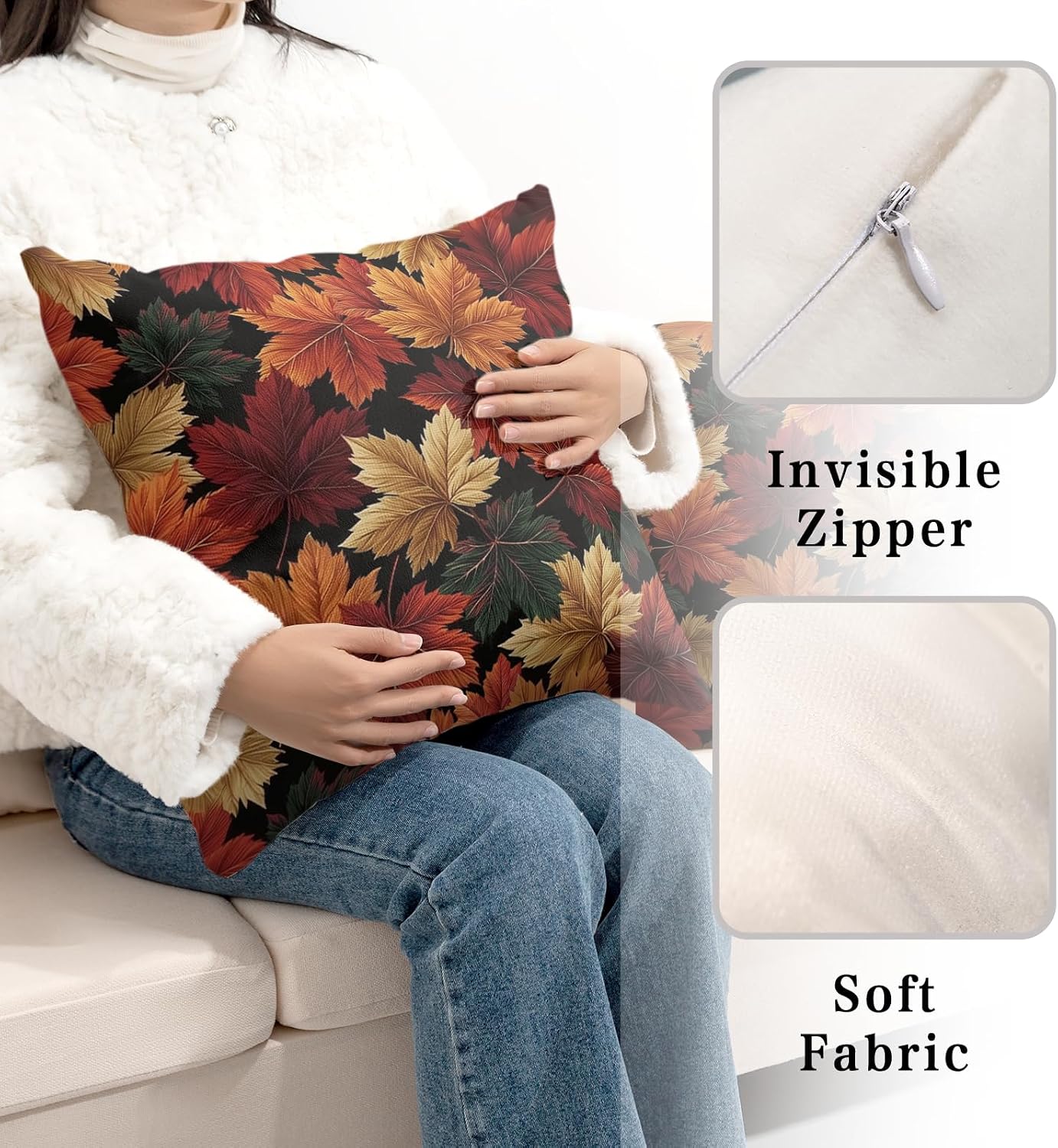 Fall Leaf Pillow Covers Autumn Thanksgiving Pillow Cases Black Orange Maple Leaves Throw Pillow Covers 18x18 Set of 2 Harvest Cushion Cases for Home Farmhouse Sofa Couch
