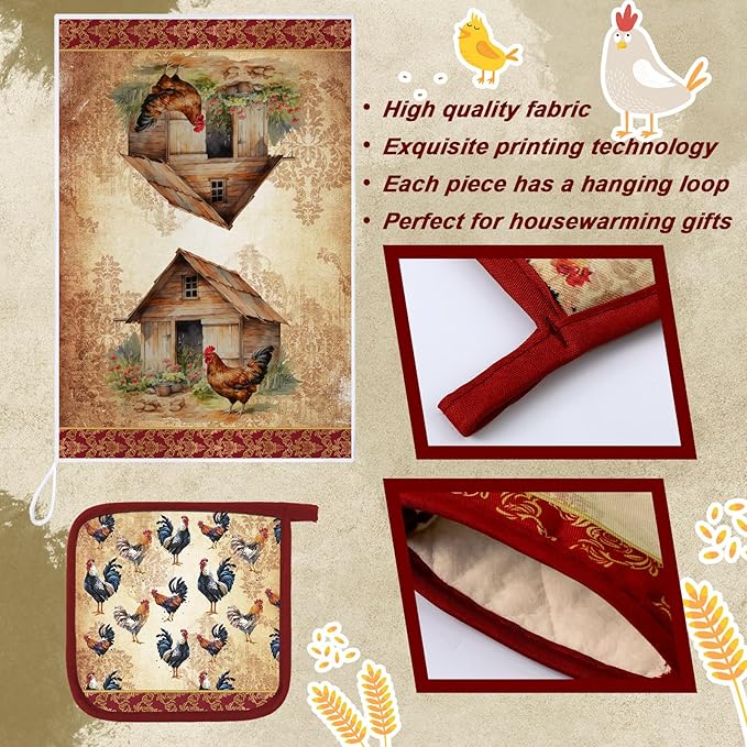 Leinuosen 6 Rooster Farmhouse Kitchen Decor Dish Towels Oven Mitts and Pot - Image 5