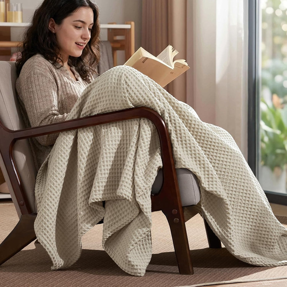 PHF Ultra Soft Waffle Weave Blanket for Bed, Queen Size, Light Khaki/Linen